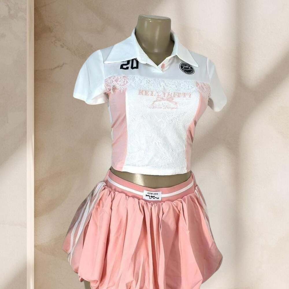Skirt Set – Lace Crop Polo Top Y2K Sporty Preppy Outfit ✧ M